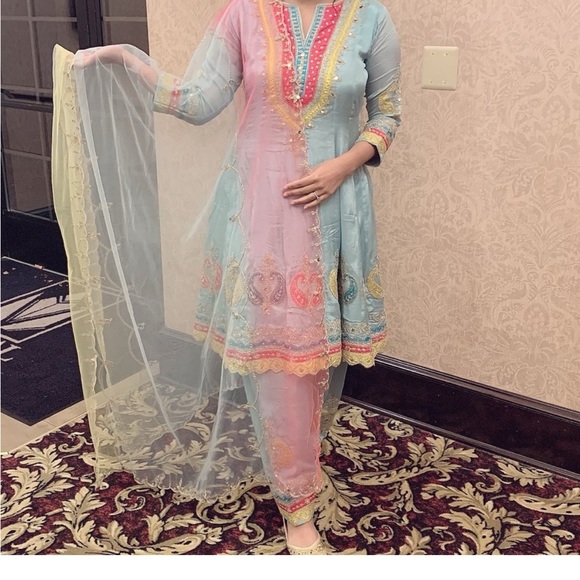 Other - Sky blue frock suit with salwar Indian suit tri color duppata